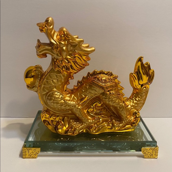 Chinese Golden Dragon Statue  With Glass Stand - Picture 1 of 7
